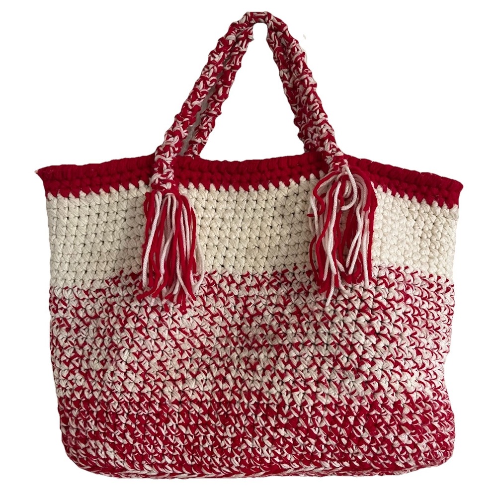 VTG Hand‎ Crochet Knit Chunky Market Bag Tote Red Off White Made In USA Boho 90s